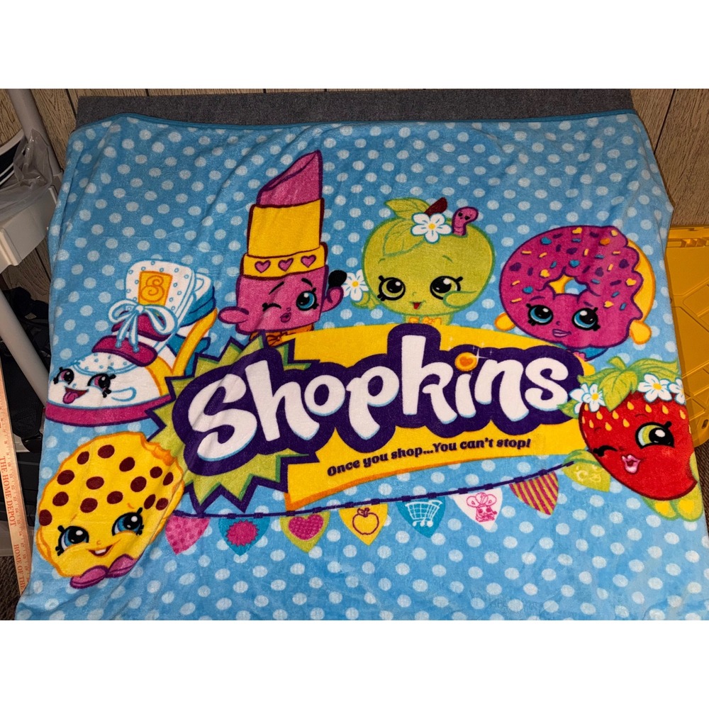 Shopkins Plush Throw Blanket Blue Polka Dot Characters 46x60 Fleece Y2K HTF